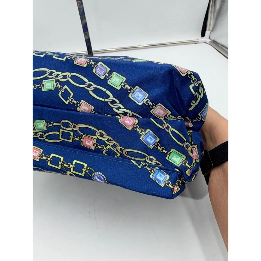 Blue Gemstone and Gold Chain Print Drawstring Pouch Bag with Zipper Pocket
